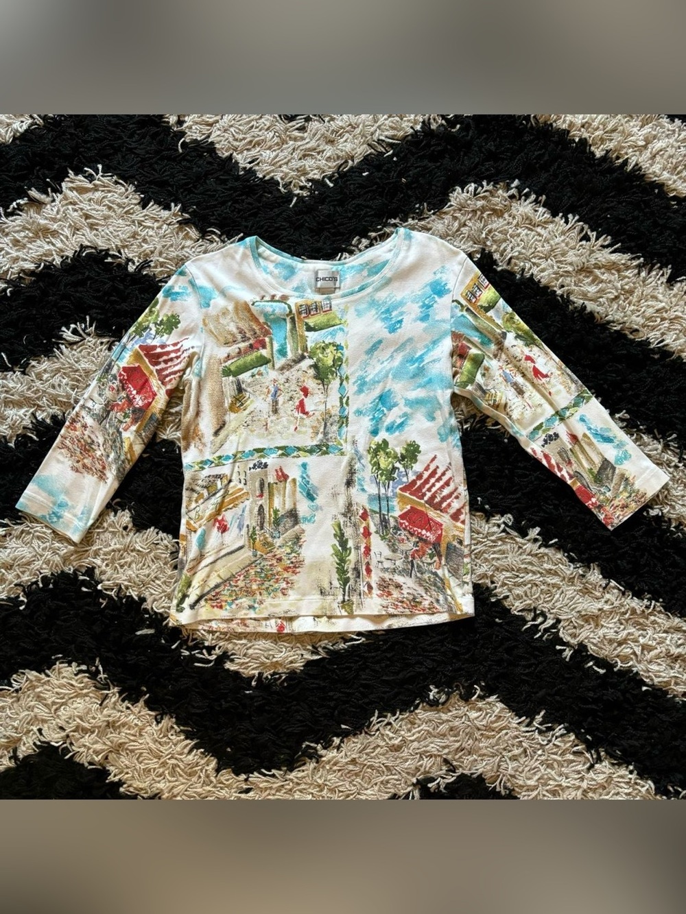 Chico’s Vintage 90’s Watercolor City Graphic 3/4 Sleeve Shirt Women’s 0